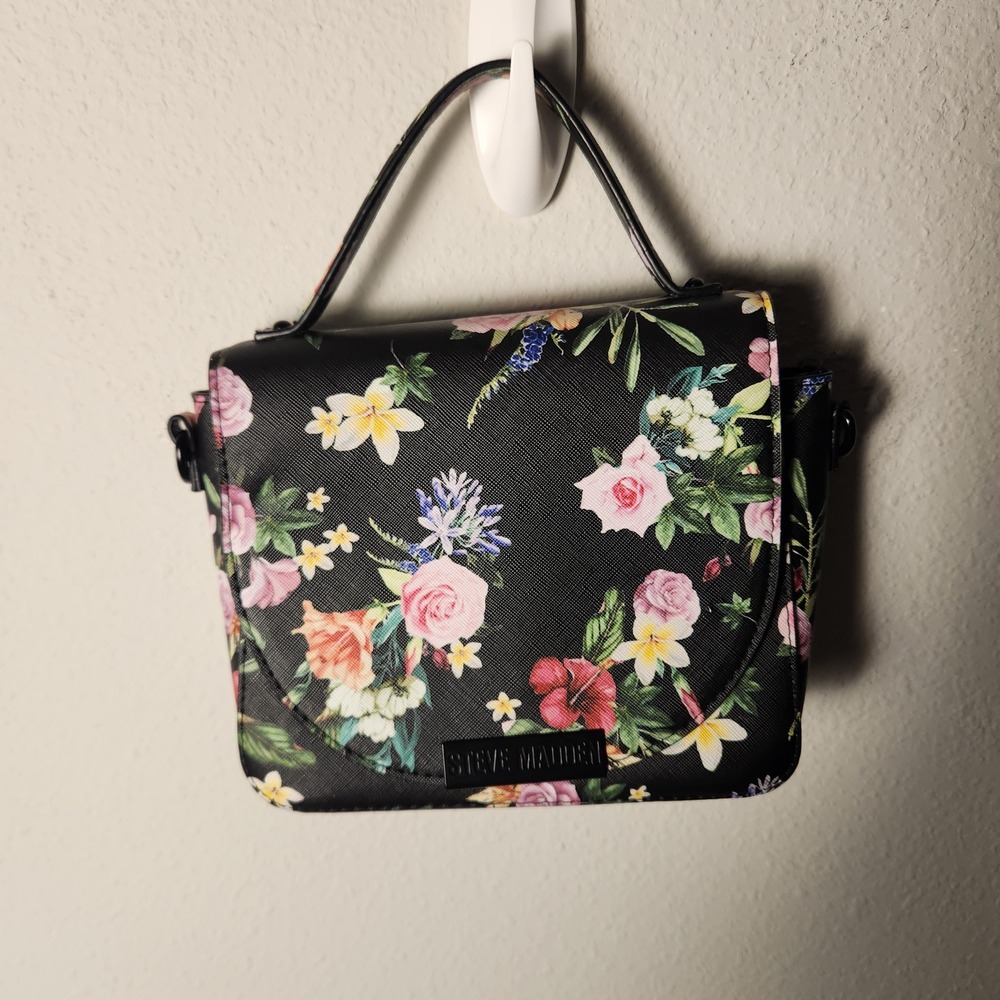 Steve Madden Black Floral Saffiano Faux Leather Satchel Handbag Crossbody Bag